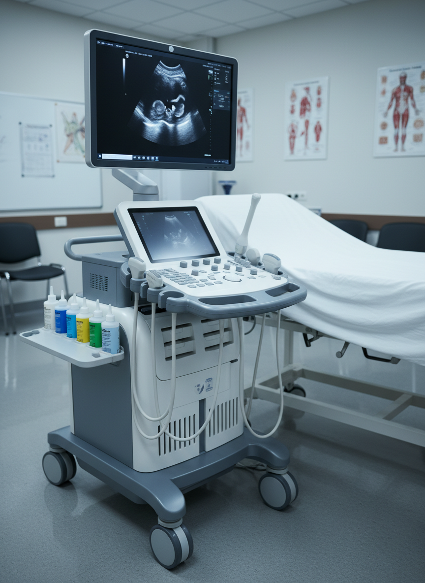 A sleek ultrasound machine console with a high-resolution monitor displaying a clear grayscale abdominal scan image, positioned on a clean, reflective hospital floor beside a neatly made examination bed covered with crisp white linens. Color-coded gel bottles and coiled transducer cables rest in organized trays on the machine. Soft, cool overhead clinical lighting creates gentle reflections on the smooth plastic surfaces and subtle shadows underneath the wheels. Photographic realism at eye level with a slight three-quarter angle, capturing the entire system in sharp focus while the background examination room elements fall into a mild blur. The mood is professional, calm, and highly organized, conveying a modern learning environment for ultrasound students.