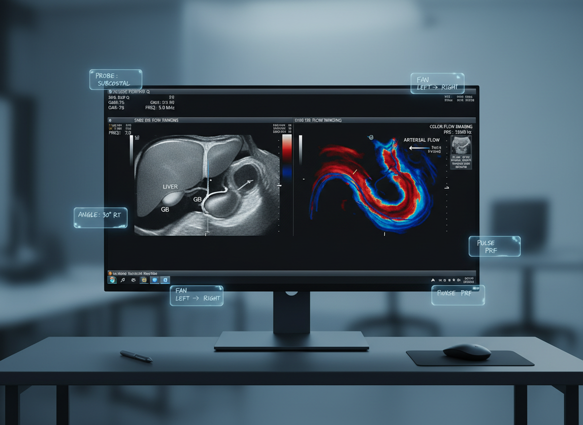 A high-resolution monitor displaying a split-screen ultrasound study: on the left, a labeled grayscale image of the liver and gallbladder; on the right, a color Doppler vascular image with vivid reds and blues indicating flow direction. Around the monitor frame, small digital sticky-note style labels show brief study tips like probe positions and angle markers. The monitor rests on a dark, minimal workstation, with the background fading into soft blur. Cool, diffused studio lighting creates a neutral, high-tech ambiance. Photographic realism at a straight-on eye-level composition, with the screen perfectly centered and sharply detailed, conveying a modern, digital study resource for abdominal and vascular ultrasound protocols.