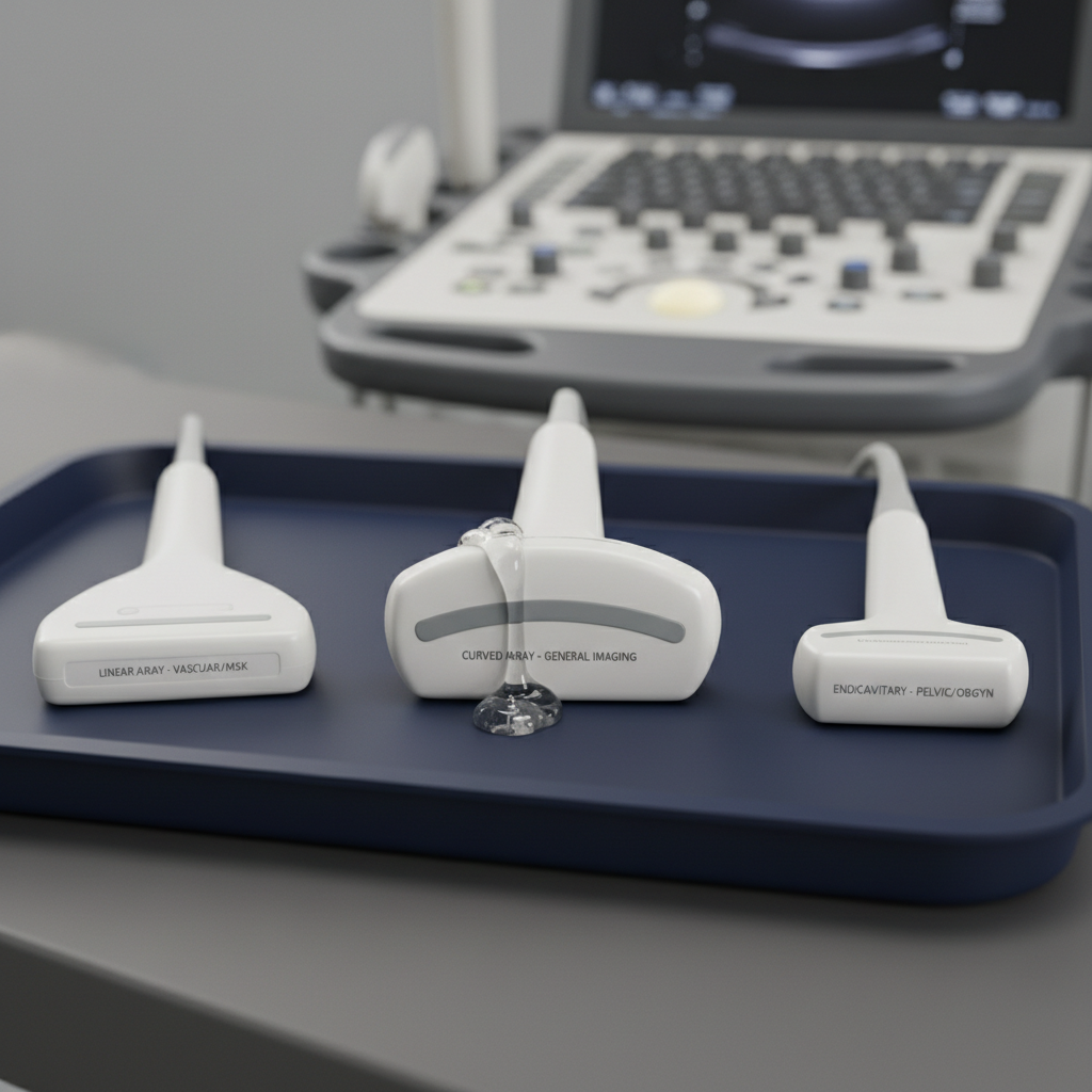 A close-up of three different ultrasound transducers laid out on a matte dark-blue non-slip exam tray: a curved array, linear array, and endocavitary probe, each with finely detailed labels and smooth, slightly glossy white casings. Small droplets of clear gel glisten on one probe surface, showing realistic texture. The tray sits on a neutral gray workstation with a blurred ultrasound console in the background. Soft studio lighting from the upper left creates gentle highlights and crisp but unobtrusive shadows, emphasizing shapes and textures. Photographic realism with a shallow depth of field and a centered composition, creating a focused, educational atmosphere that feels clean, professional, and technical.