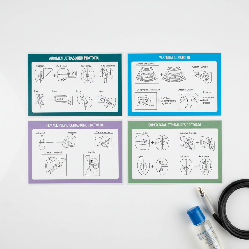 An overhead view of a neatly organized set of laminated ultrasound protocol cards laid out on a smooth white tabletop, each card clearly showing step-by-step diagrams for abdomen, superficial structures, female pelvis, and vascular exams. Thin colored borders distinguish each category: deep teal for abdomen, soft purple for pelvis, bright blue for vascular, and muted green for superficial structures. A small, transparent bottle of ultrasound gel and a carefully coiled probe cable appear at the edge of the frame. Soft, even studio lighting eliminates harsh shadows, creating a clean, clinical look. Photographic realism with sharp focus across the entire image and a balanced, symmetrical composition, evoking clarity, structure, and confidence for students mastering complete scanning protocols.