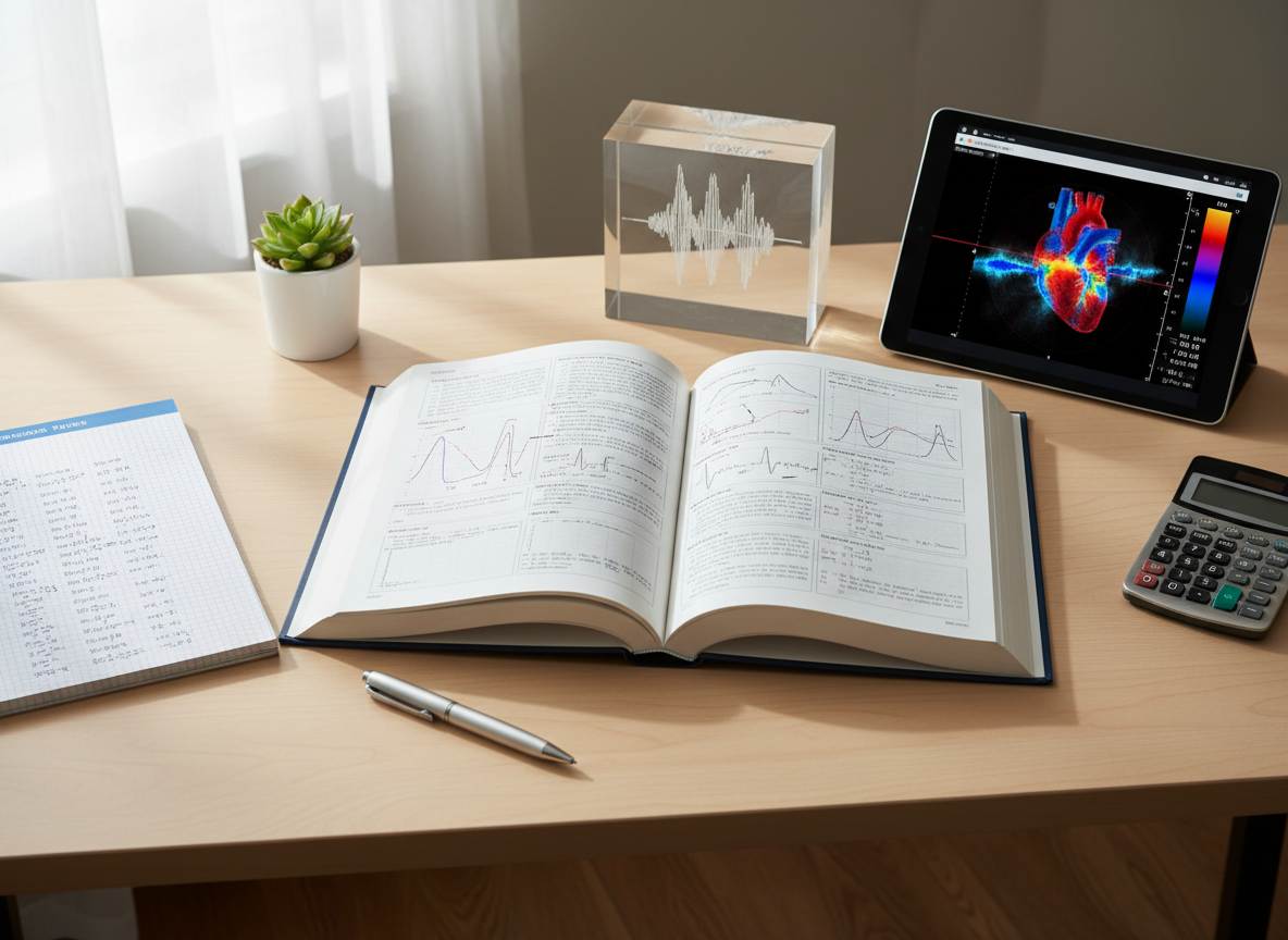 A meticulously arranged study desk dedicated to ultrasound physics, featuring an open textbook filled with Doppler waveforms and annotated diagrams, a spiral notebook with neatly written formulas, and a digital tablet showing a color flow image. A small model of a sound wave diagram etched into a transparent acrylic block sits to one side. The desk surface is a light wood grain, with minimal, tidy accessories. Soft daylight from a nearby window washes across the scene, casting gentle shadows and subtle highlights on the pages. Photographic realism, shot from a slightly elevated angle with moderate depth of field, keeping all educational materials sharp. The overall atmosphere is focused, organized, and academically driven, ideal for serious ultrasound students.
