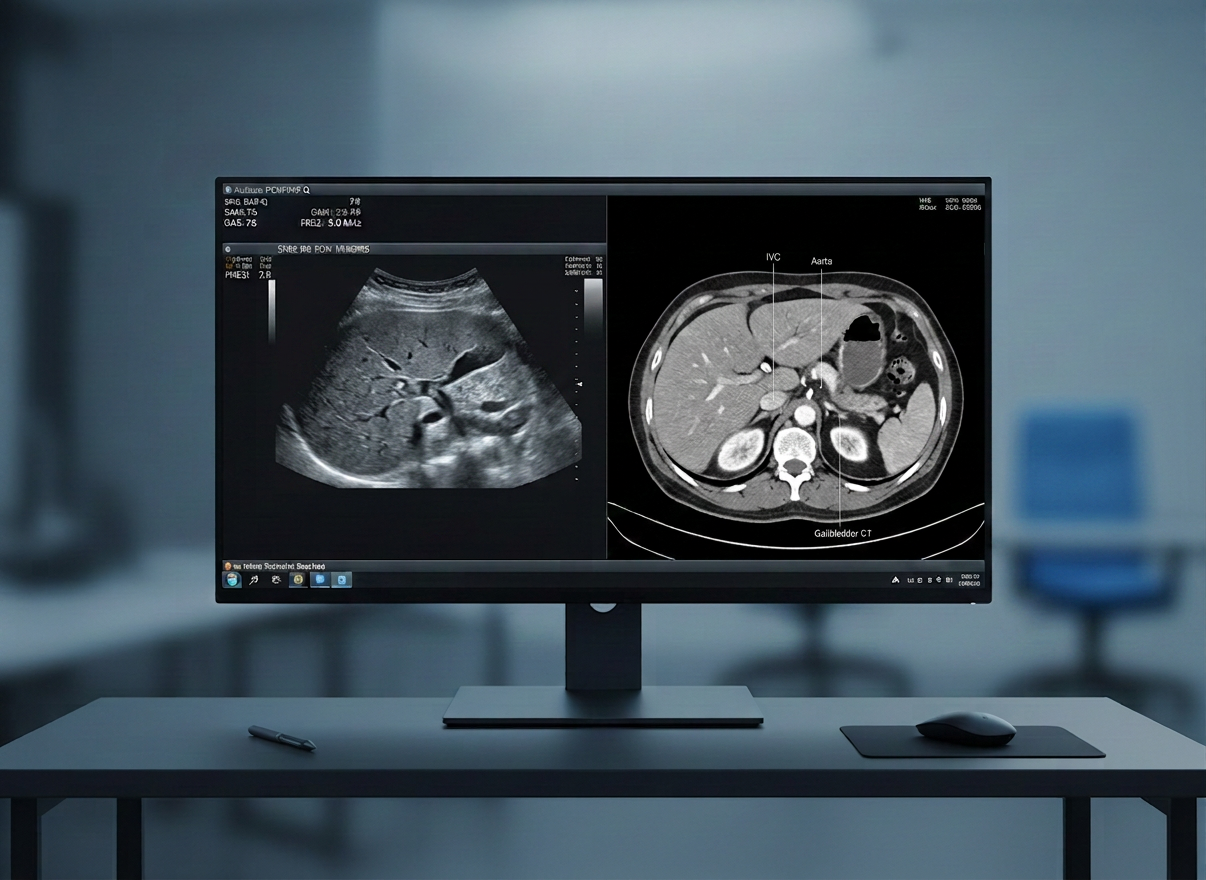 A high-resolution monitor displaying a split-screen ultrasound study: on the left, a labeled grayscale image of the liver and gallbladder; on the right, a color Doppler vascular image with vivid reds and blues indicating flow direction. Around the monitor frame, small digital sticky-note style labels show brief study tips like probe positions and angle markers. The monitor rests on a dark, minimal workstation, with the background fading into soft blur. Cool, diffused studio lighting creates a neutral, high-tech ambiance. Photographic realism at a straight-on eye-level composition, with the screen perfectly centered and sharply detailed, conveying a modern, digital study resource for abdominal and vascular ultrasound protocols.