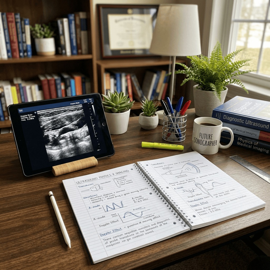 Tablet showing an ultrasound scan next to open notebook with ultrasound physics notes on wooden desk